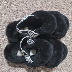 UGG Black Fluffy Slippers